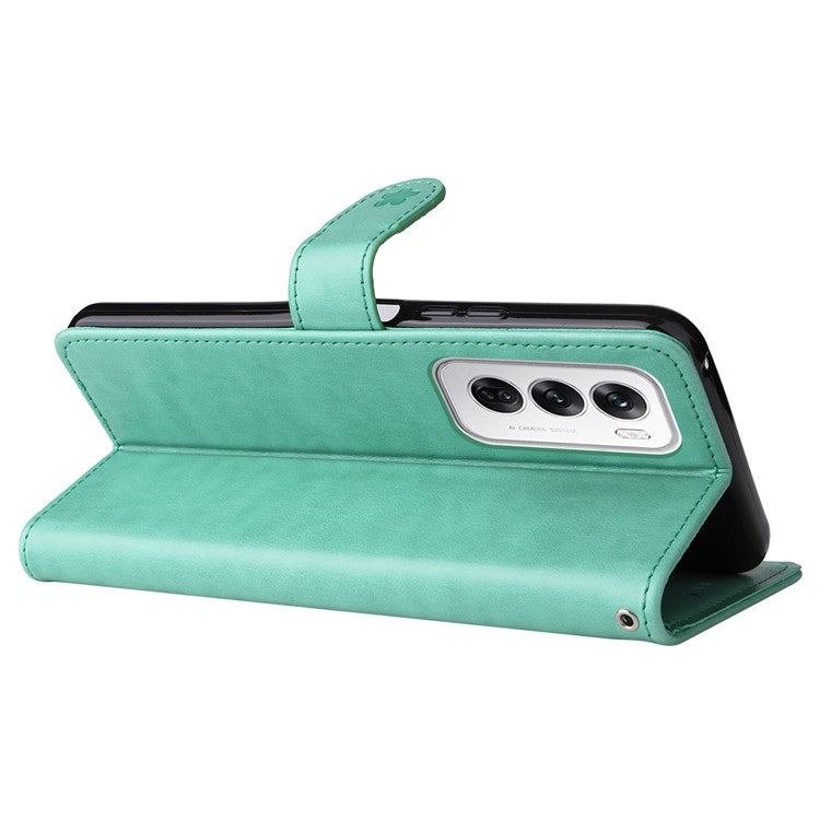 KT Imprinting Flower Series-4 For Oppo Reno12 5G (Global) Phone Case Imprinted Anti-drop Leather Stand Cover - Green