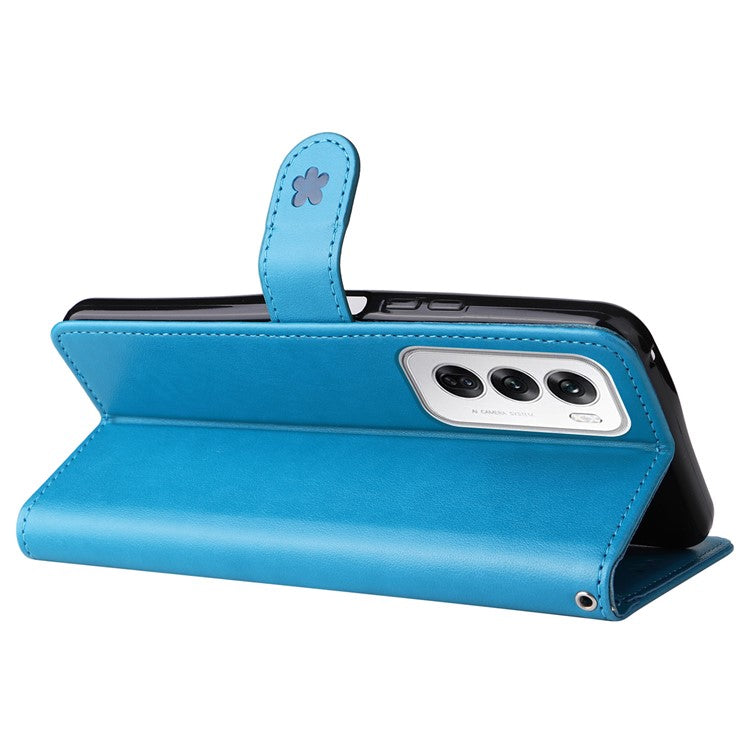 KT Imprinting Flower Series-4 For Oppo Reno12 5G (Global) Phone Case Imprinted Anti-drop Leather Stand Cover - Blue