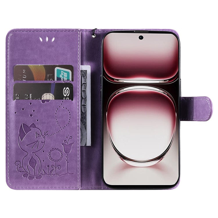 KT Imprinting Flower Series-4 For Oppo Reno12 Pro 5G (Global) / (China) Phone Case Cat Pattern Leather Wallet Cover - Light Purple