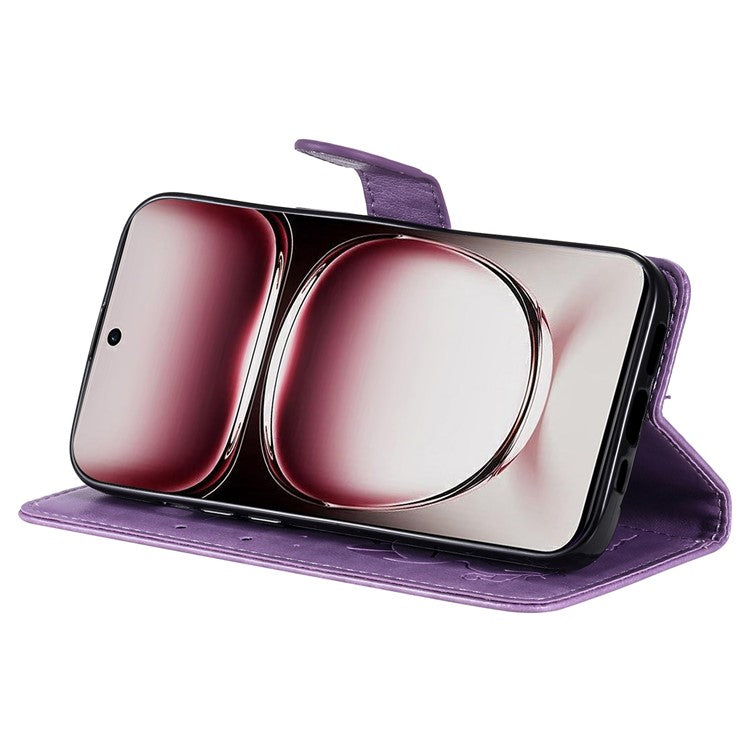 KT Imprinting Flower Series-4 For Oppo Reno12 Pro 5G (Global) / (China) Phone Case Cat Pattern Leather Wallet Cover - Light Purple