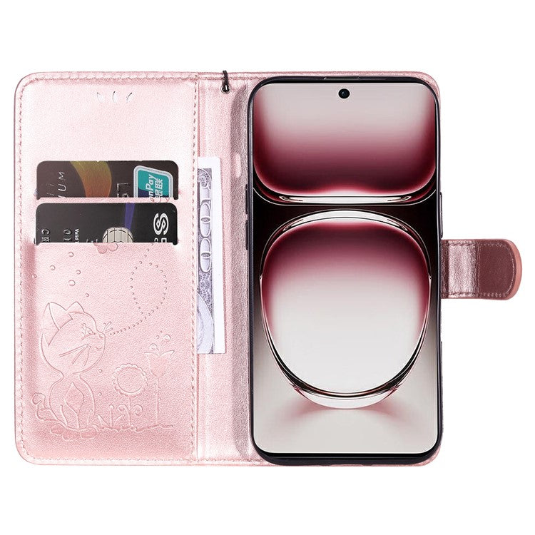KT Imprinting Flower Series-4 For Oppo Reno12 Pro 5G (Global) / (China) Phone Case Cat Pattern Leather Wallet Cover - Rose Gold