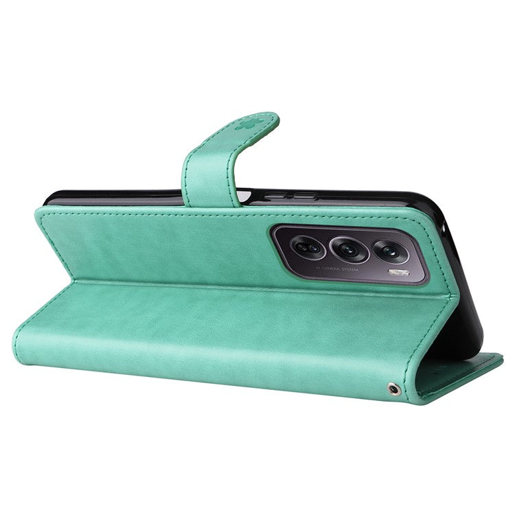 KT Imprinting Flower Series-4 For Oppo Reno12 Pro 5G (Global) / (China) Phone Case Cat Pattern Leather Wallet Cover - Green