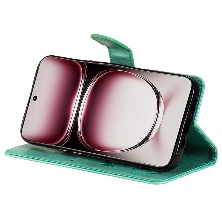KT Imprinting Flower Series-4 For Oppo Reno12 Pro 5G (Global) / (China) Phone Case Cat Pattern Leather Wallet Cover - Green