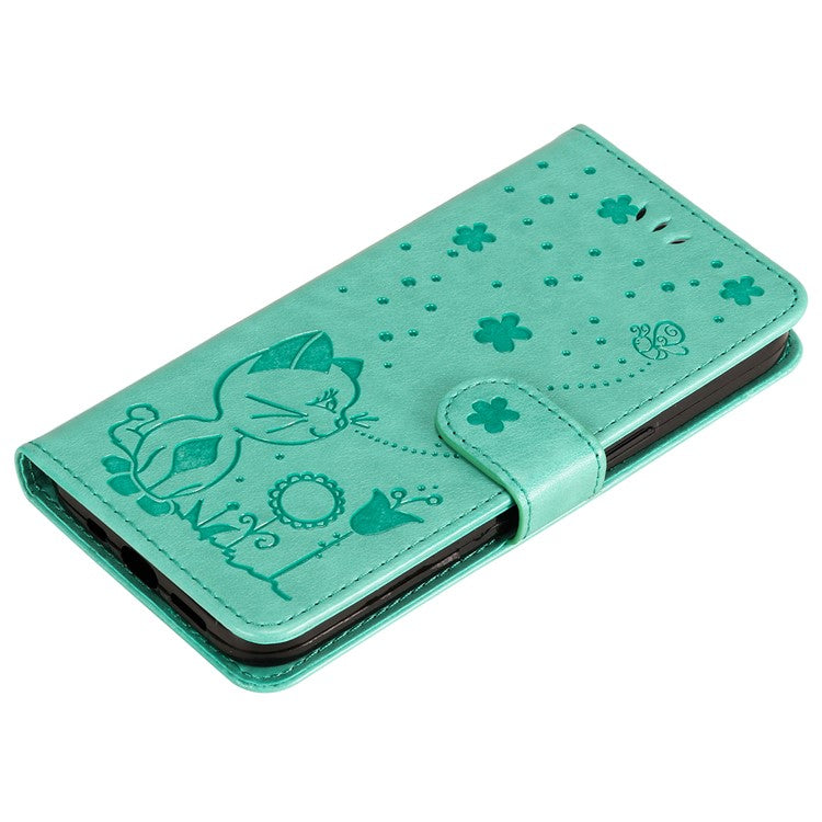 KT Imprinting Flower Series-4 For Oppo Reno12 Pro 5G (Global) / (China) Phone Case Cat Pattern Leather Wallet Cover - Green