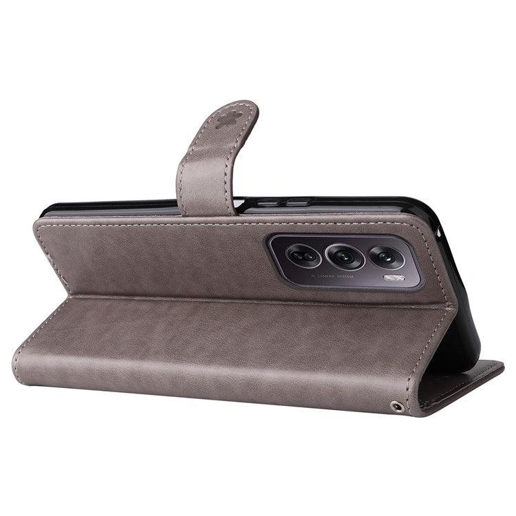 KT Imprinting Flower Series-4 For Oppo Reno12 Pro 5G (Global) / (China) Phone Case Cat Pattern Leather Wallet Cover - Grey