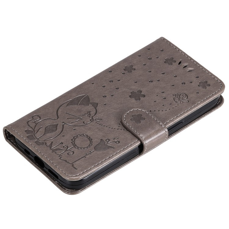 KT Imprinting Flower Series-4 For Oppo Reno12 Pro 5G (Global) / (China) Phone Case Cat Pattern Leather Wallet Cover - Grey