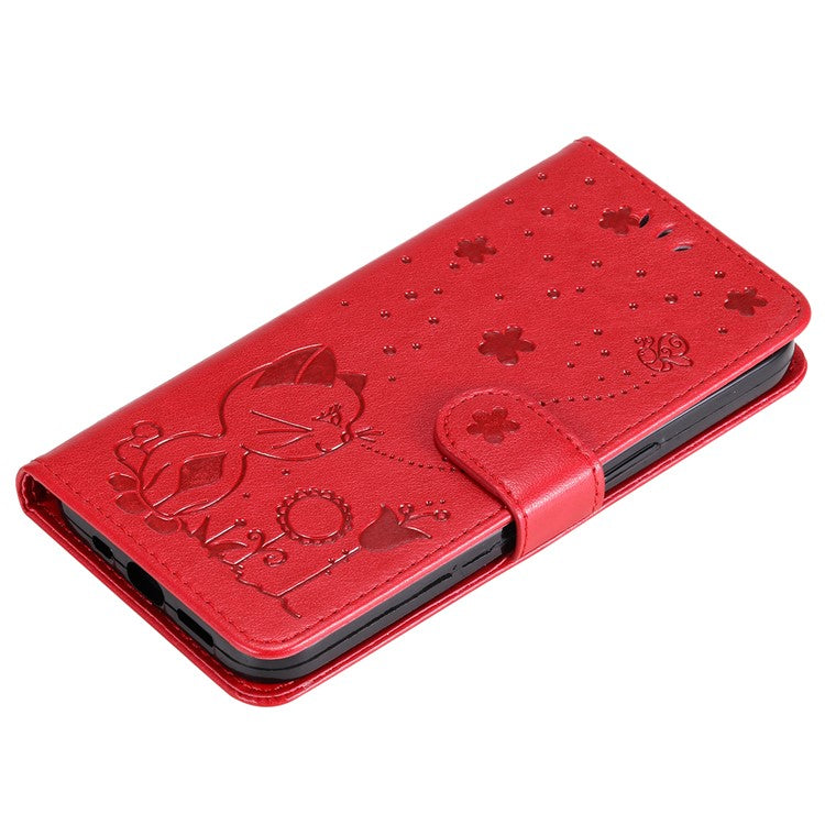 KT Imprinting Flower Series-4 For Oppo Reno12 Pro 5G (Global) / (China) Phone Case Cat Pattern Leather Wallet Cover - Red
