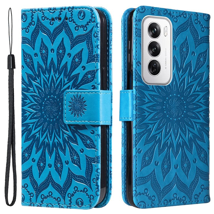 KT Imprinting Flower Series-1 For Oppo Reno12 5G (Global) Case Sunflower Pattern Leather Wallet Phone Cover - Blue
