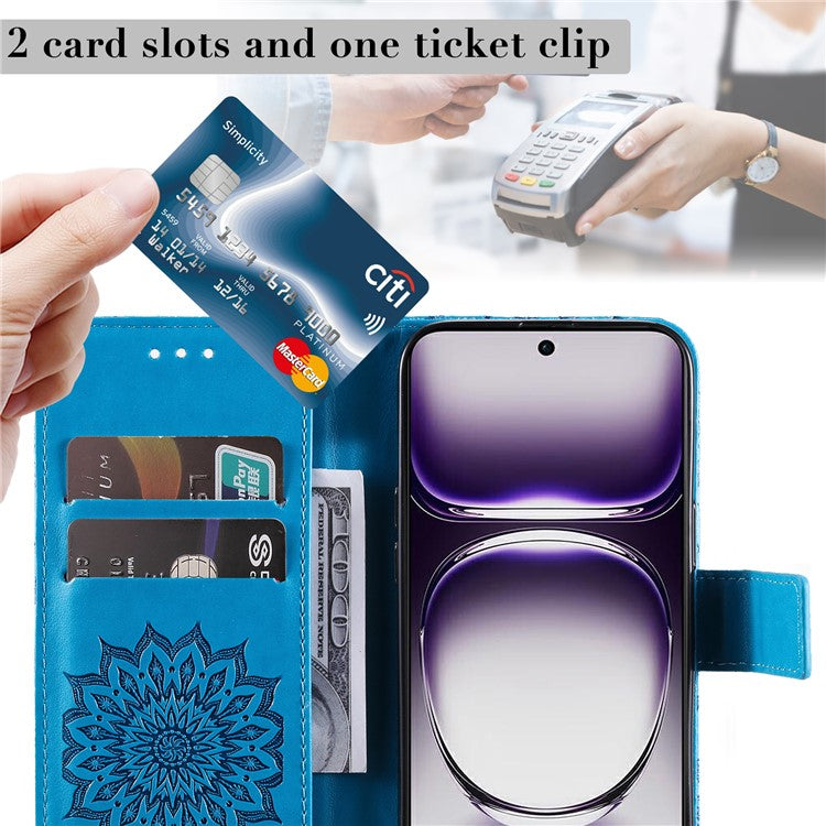 KT Imprinting Flower Series-1 For Oppo Reno12 5G (Global) Case Sunflower Pattern Leather Wallet Phone Cover - Blue