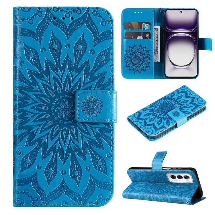 KT Imprinting Flower Series-1 For Oppo Reno12 5G (Global) Case Sunflower Pattern Leather Wallet Phone Cover - Blue