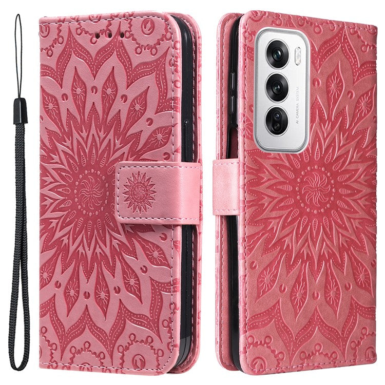 KT Imprinting Flower Series-1 For Oppo Reno12 5G (Global) Case Sunflower Pattern Leather Wallet Phone Cover - Pink