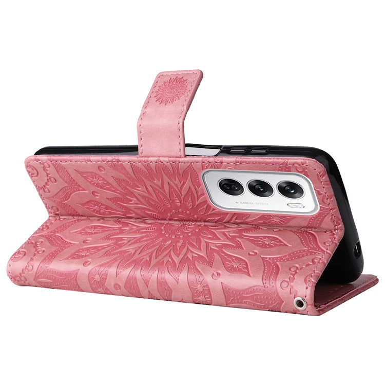 KT Imprinting Flower Series-1 For Oppo Reno12 5G (Global) Case Sunflower Pattern Leather Wallet Phone Cover - Pink
