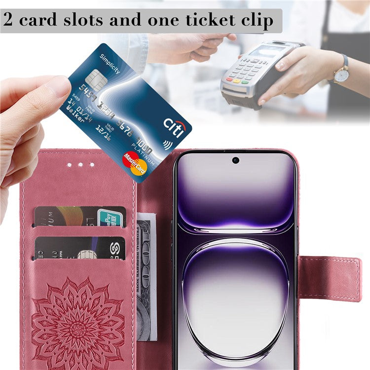 KT Imprinting Flower Series-1 For Oppo Reno12 5G (Global) Case Sunflower Pattern Leather Wallet Phone Cover - Pink