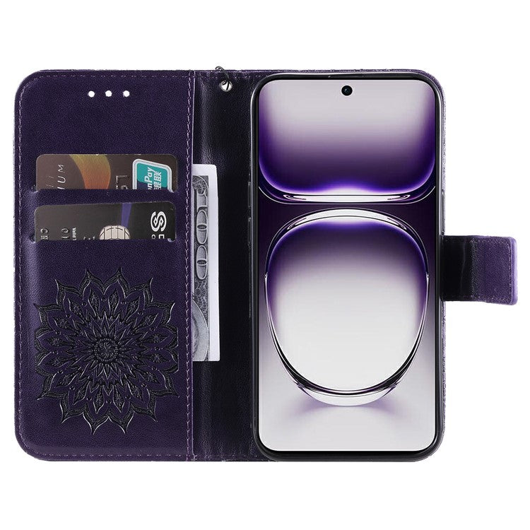 KT Imprinting Flower Series-1 For Oppo Reno12 5G (Global) Case Sunflower Pattern Leather Wallet Phone Cover - Purple