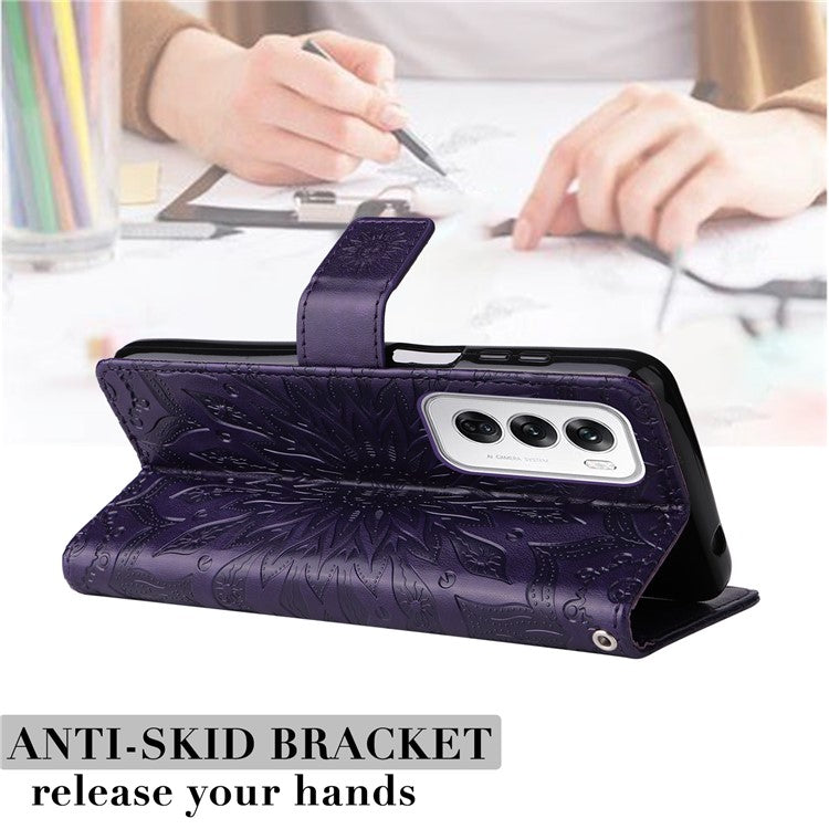 KT Imprinting Flower Series-1 For Oppo Reno12 5G (Global) Case Sunflower Pattern Leather Wallet Phone Cover - Purple