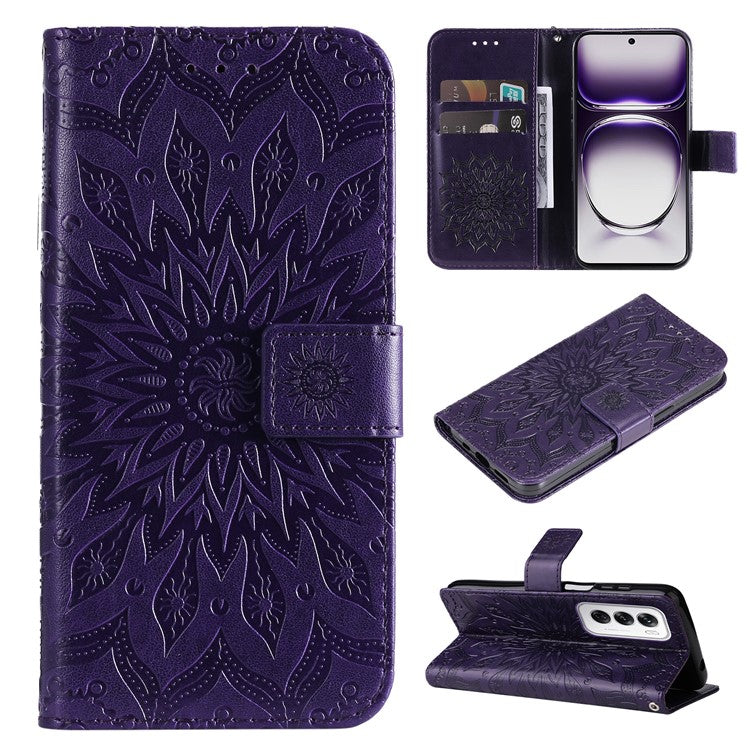 KT Imprinting Flower Series-1 For Oppo Reno12 5G (Global) Case Sunflower Pattern Leather Wallet Phone Cover - Purple