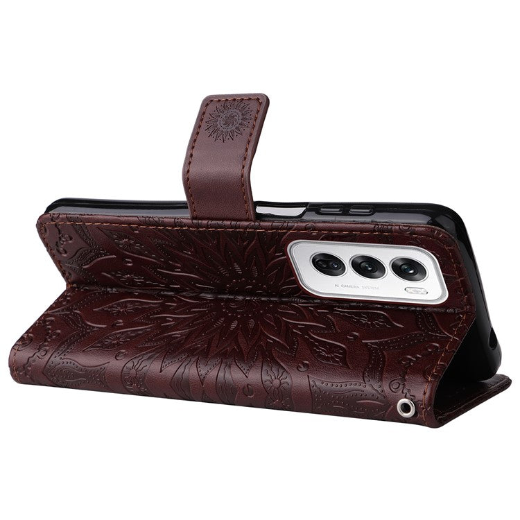 KT Imprinting Flower Series-1 For Oppo Reno12 5G (Global) Case Sunflower Pattern Leather Wallet Phone Cover - Brown