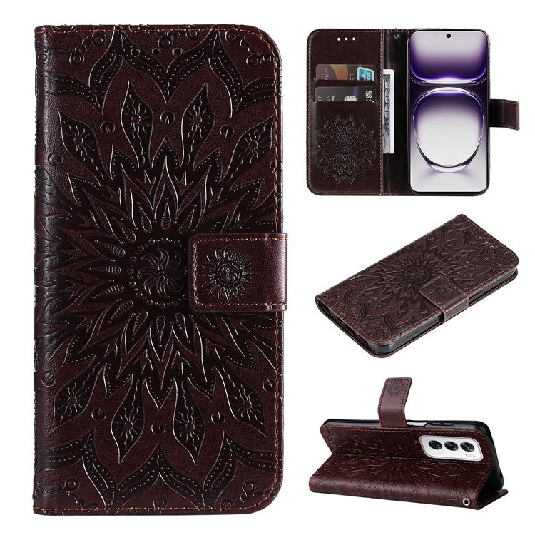 KT Imprinting Flower Series-1 For Oppo Reno12 5G (Global) Case Sunflower Pattern Leather Wallet Phone Cover - Brown