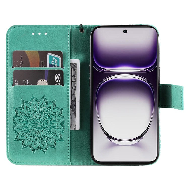 KT Imprinting Flower Series-1 For Oppo Reno12 5G (Global) Case Sunflower Pattern Leather Wallet Phone Cover - Green