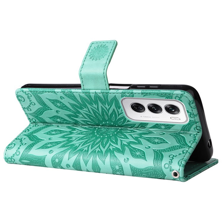 KT Imprinting Flower Series-1 For Oppo Reno12 5G (Global) Case Sunflower Pattern Leather Wallet Phone Cover - Green