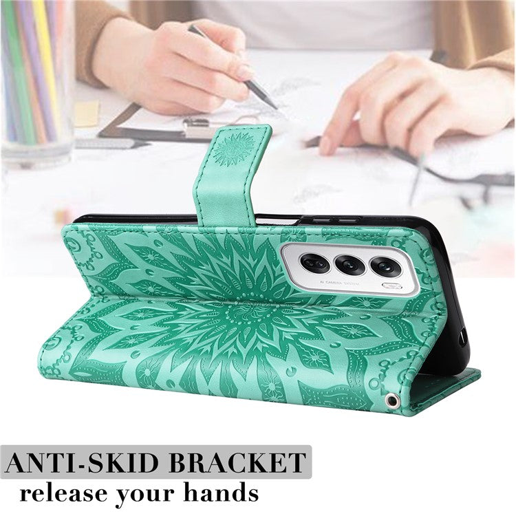 KT Imprinting Flower Series-1 For Oppo Reno12 5G (Global) Case Sunflower Pattern Leather Wallet Phone Cover - Green