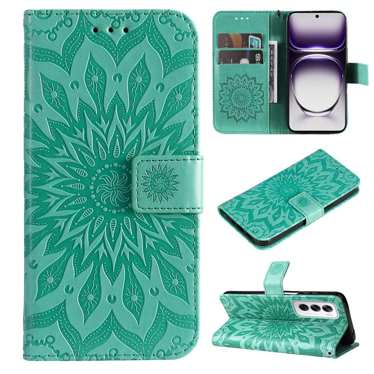 KT Imprinting Flower Series-1 For Oppo Reno12 5G (Global) Case Sunflower Pattern Leather Wallet Phone Cover - Green