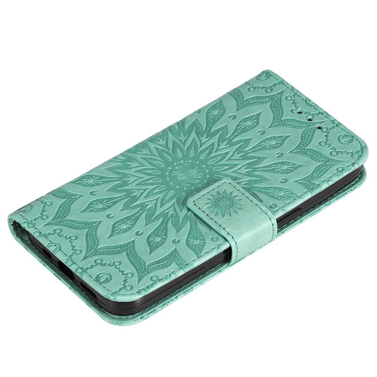 KT Imprinting Flower Series-1 For Oppo Reno12 5G (Global) Case Sunflower Pattern Leather Wallet Phone Cover - Green