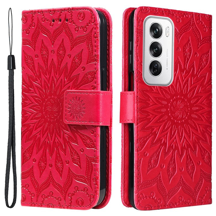 KT Imprinting Flower Series-1 For Oppo Reno12 5G (Global) Case Sunflower Pattern Leather Wallet Phone Cover - Red