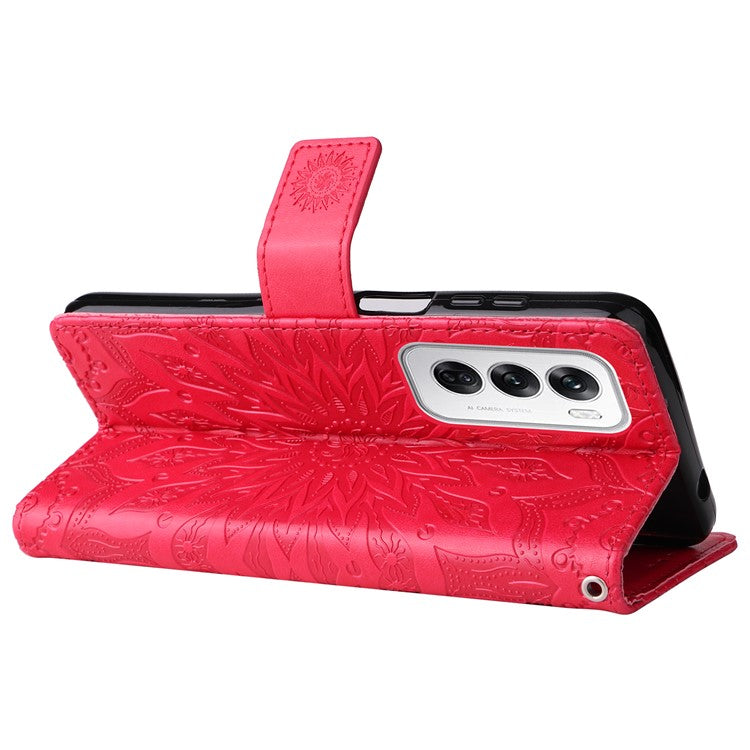 KT Imprinting Flower Series-1 For Oppo Reno12 5G (Global) Case Sunflower Pattern Leather Wallet Phone Cover - Red
