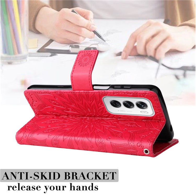KT Imprinting Flower Series-1 For Oppo Reno12 5G (Global) Case Sunflower Pattern Leather Wallet Phone Cover - Red