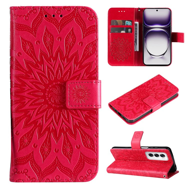 KT Imprinting Flower Series-1 For Oppo Reno12 5G (Global) Case Sunflower Pattern Leather Wallet Phone Cover - Red