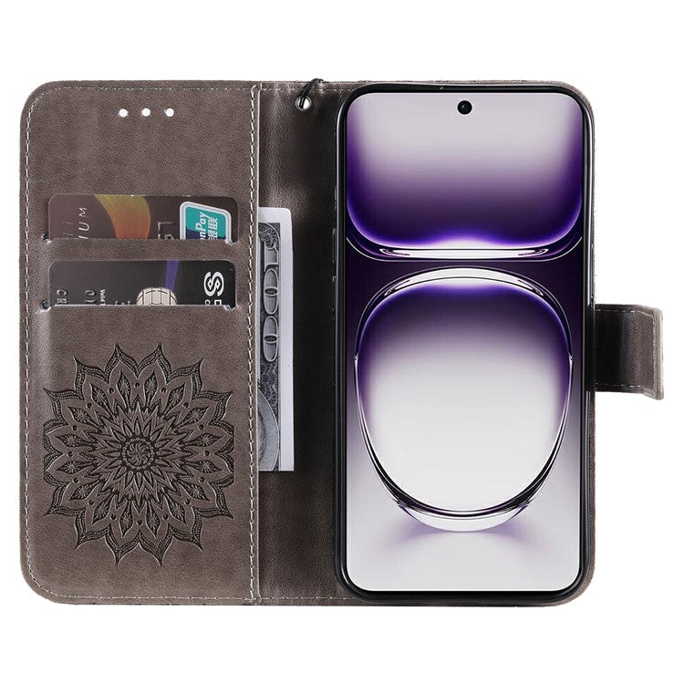 KT Imprinting Flower Series-1 For Oppo Reno12 5G (Global) Case Sunflower Pattern Leather Wallet Phone Cover - Grey