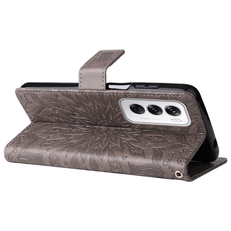 KT Imprinting Flower Series-1 For Oppo Reno12 5G (Global) Case Sunflower Pattern Leather Wallet Phone Cover - Grey
