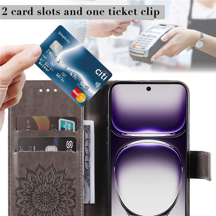 KT Imprinting Flower Series-1 For Oppo Reno12 5G (Global) Case Sunflower Pattern Leather Wallet Phone Cover - Grey