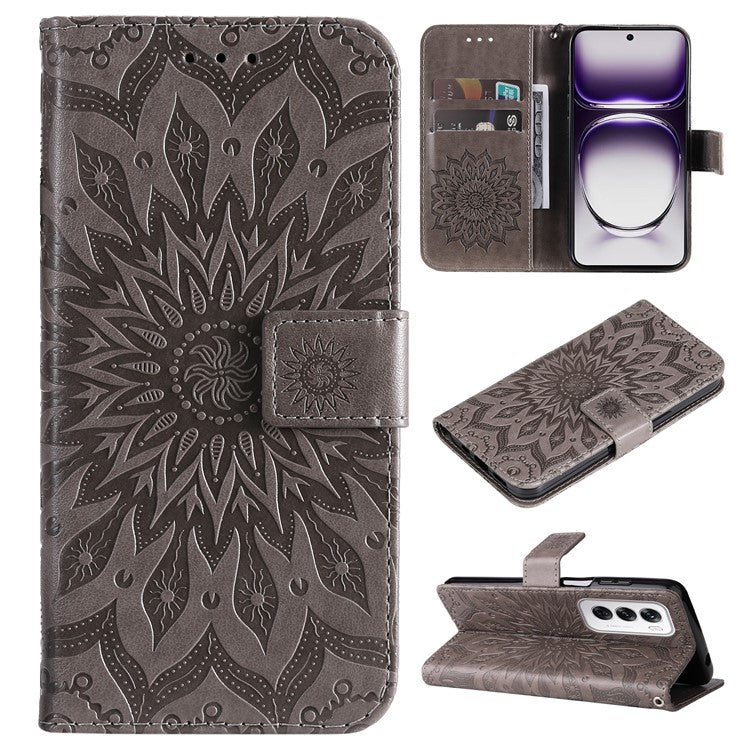 KT Imprinting Flower Series-1 For Oppo Reno12 5G (Global) Case Sunflower Pattern Leather Wallet Phone Cover - Grey