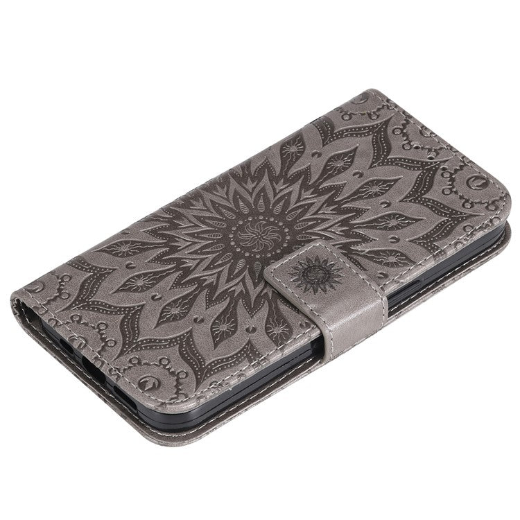 KT Imprinting Flower Series-1 For Oppo Reno12 5G (Global) Case Sunflower Pattern Leather Wallet Phone Cover - Grey