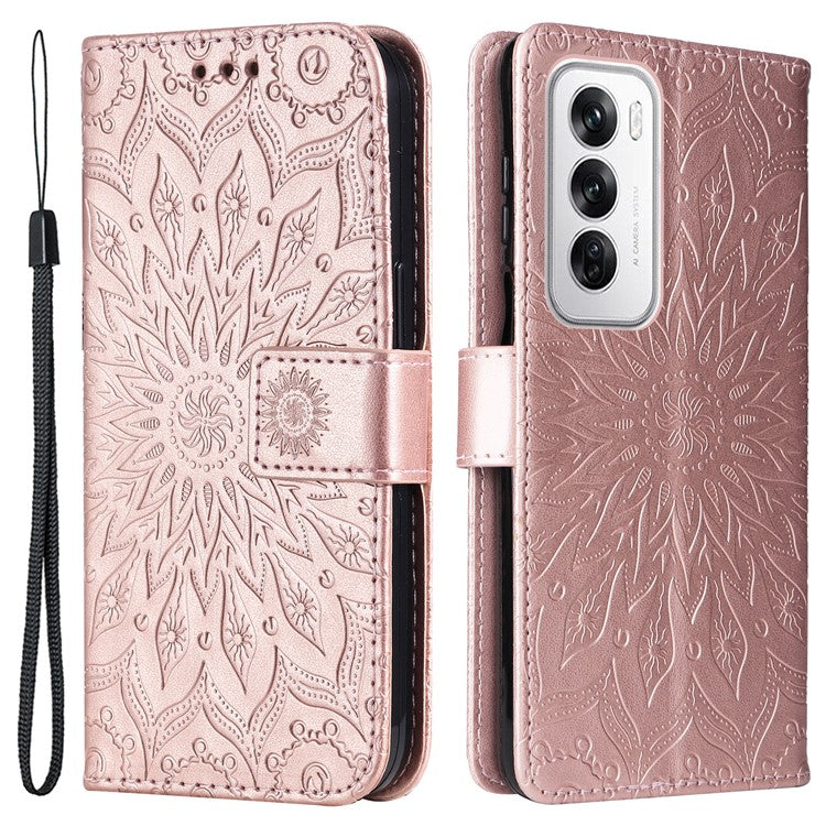 KT Imprinting Flower Series-1 For Oppo Reno12 5G (Global) Case Sunflower Pattern Leather Wallet Phone Cover - Rose Gold