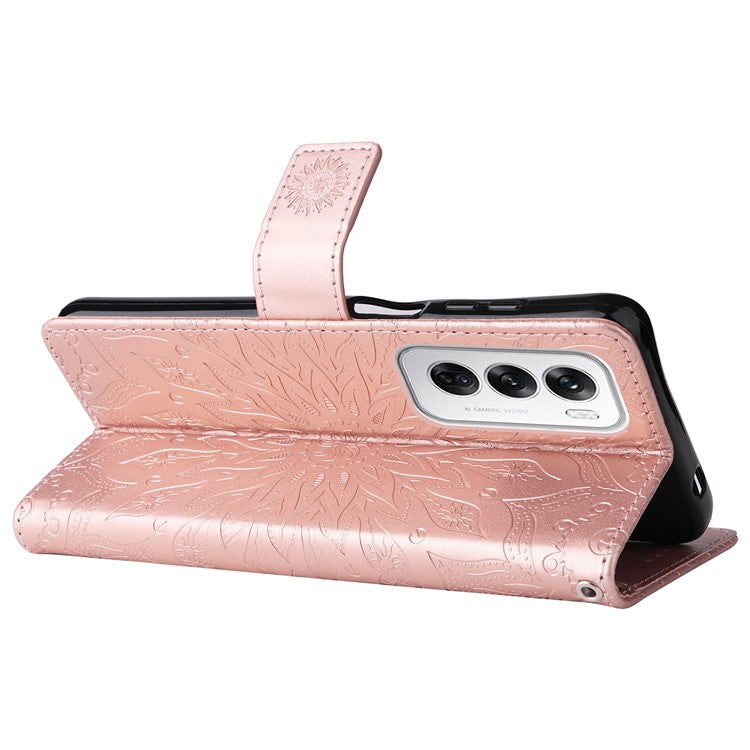 KT Imprinting Flower Series-1 For Oppo Reno12 5G (Global) Case Sunflower Pattern Leather Wallet Phone Cover - Rose Gold
