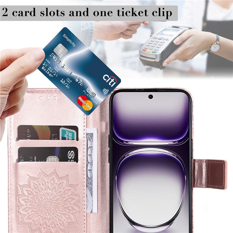 KT Imprinting Flower Series-1 For Oppo Reno12 5G (Global) Case Sunflower Pattern Leather Wallet Phone Cover - Rose Gold