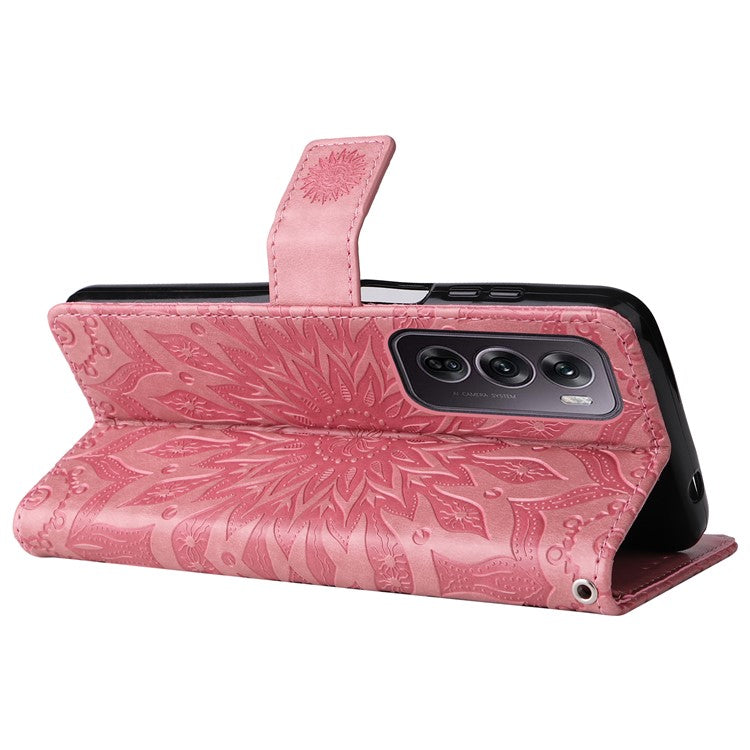 KT Imprinting Flower Series-1 For Oppo Reno12 Pro 5G (Global) / (China) Case Leather Wallet Drop-Proof Phone Cover - Pink