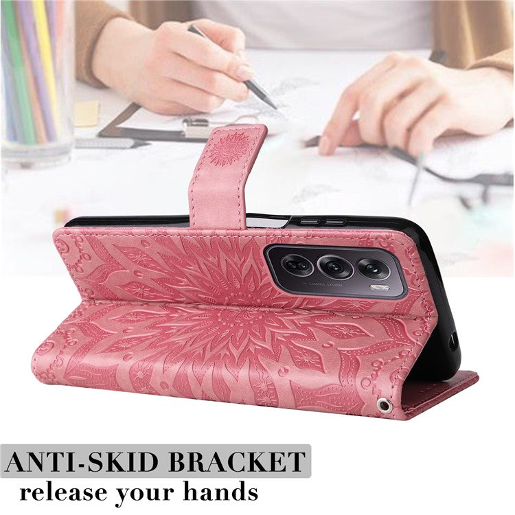 KT Imprinting Flower Series-1 For Oppo Reno12 Pro 5G (Global) / (China) Case Leather Wallet Drop-Proof Phone Cover - Pink