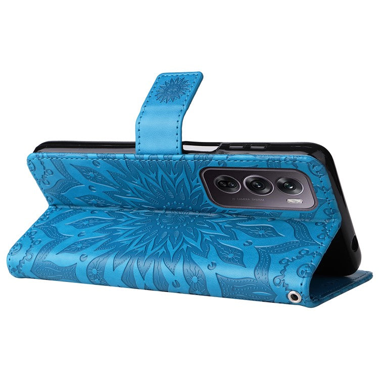 KT Imprinting Flower Series-1 For Oppo Reno12 Pro 5G (Global) / (China) Case Leather Wallet Drop-proof Phone Cover - Blue
