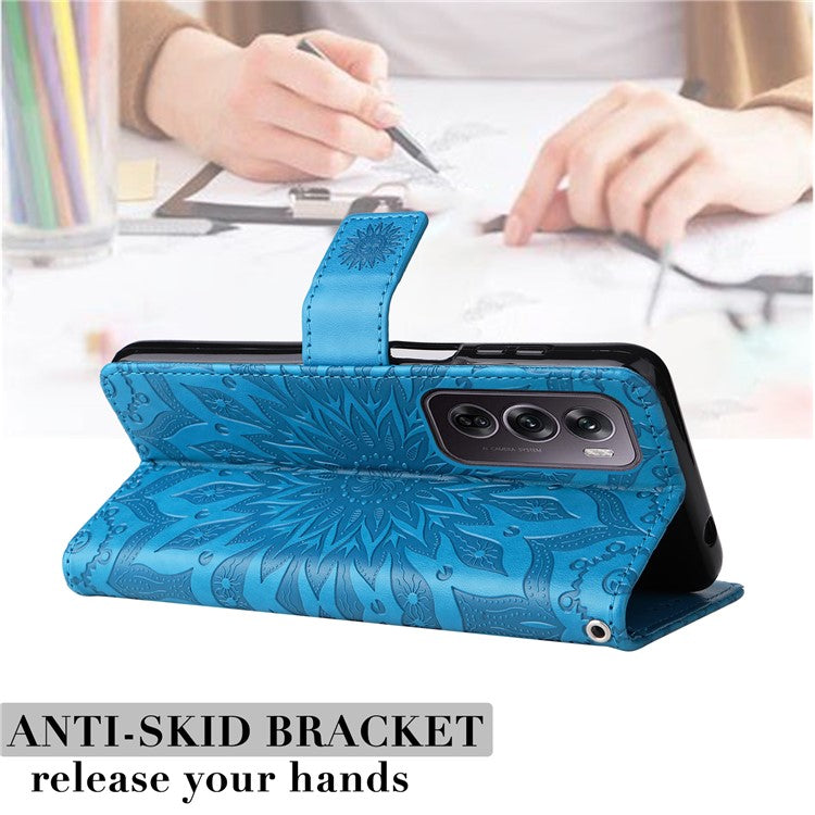 KT Imprinting Flower Series-1 For Oppo Reno12 Pro 5G (Global) / (China) Case Leather Wallet Drop-proof Phone Cover - Blue