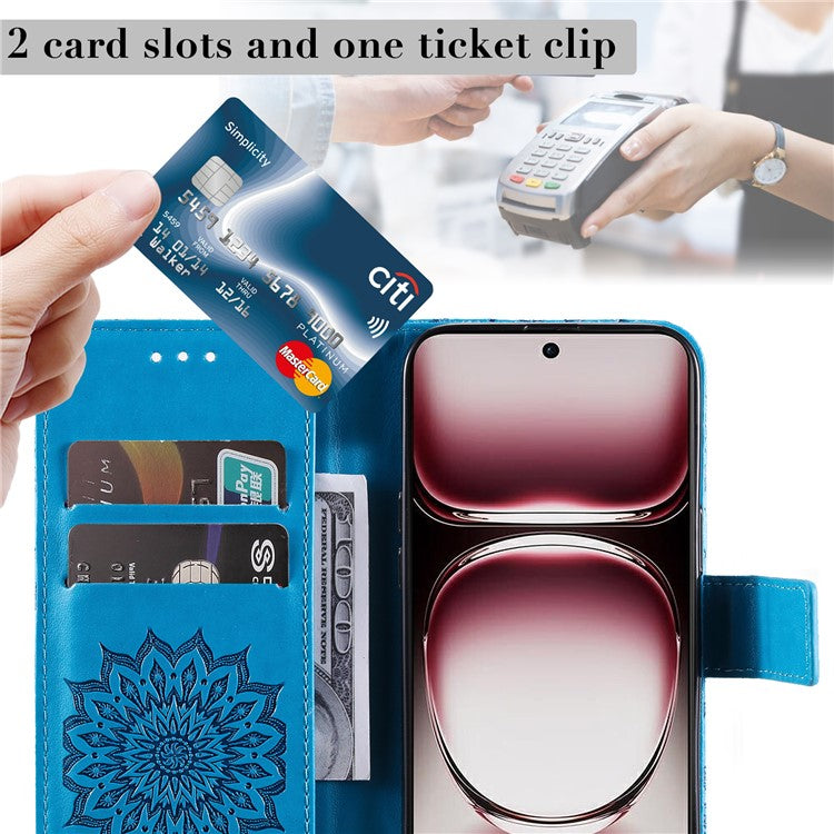 KT Imprinting Flower Series-1 For Oppo Reno12 Pro 5G (Global) / (China) Case Leather Wallet Drop-proof Phone Cover - Blue