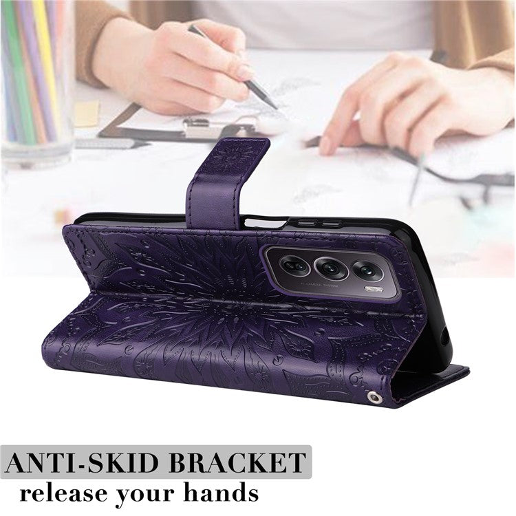 KT Imprinting Flower Series-1 For Oppo Reno12 Pro 5G (Global) / (China) Case Leather Wallet Drop-proof Phone Cover - Purple