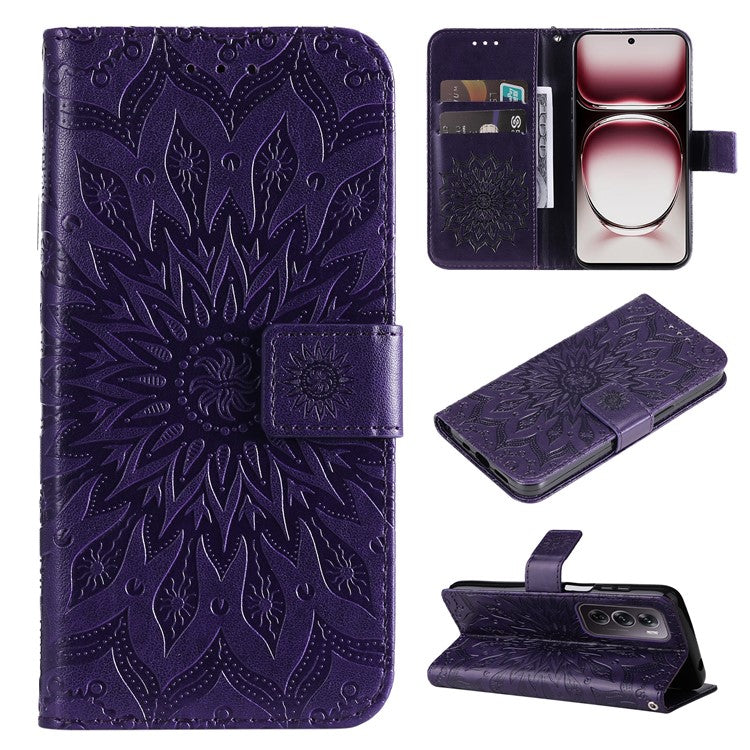 KT Imprinting Flower Series-1 For Oppo Reno12 Pro 5G (Global) / (China) Case Leather Wallet Drop-proof Phone Cover - Purple