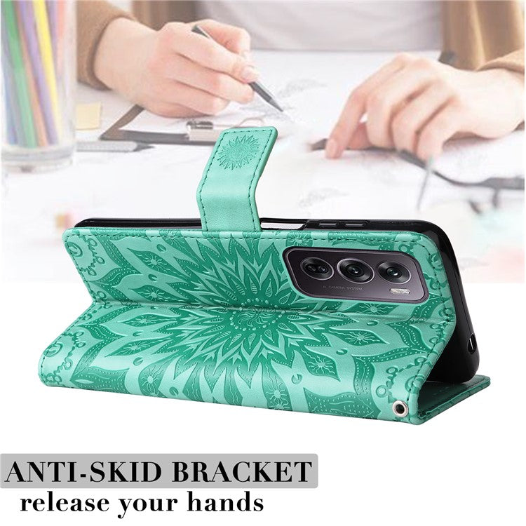 KT Imprinting Flower Series-1 For Oppo Reno12 Pro 5G (Global) / (China) Case Leather Wallet Drop-proof Phone Cover - Green