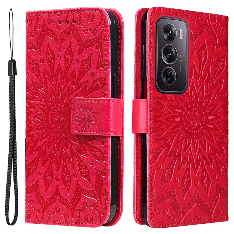 KT Imprinting Flower Series-1 For Oppo Reno12 Pro 5G (Global) / (China) Case Leather Wallet Drop-proof Phone Cover - Red