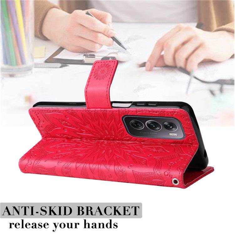 KT Imprinting Flower Series-1 For Oppo Reno12 Pro 5G (Global) / (China) Case Leather Wallet Drop-proof Phone Cover - Red