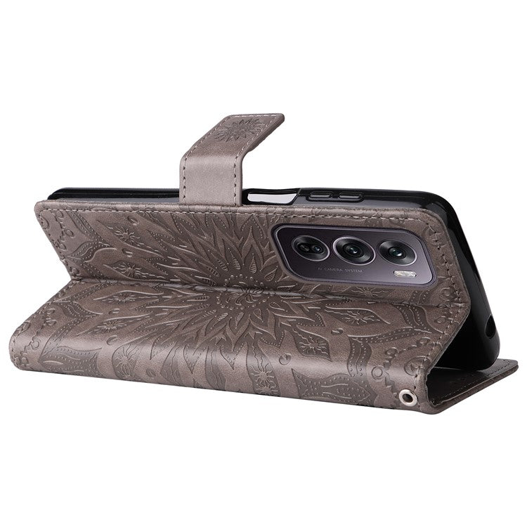KT Imprinting Flower Series-1 For Oppo Reno12 Pro 5G (Global) / (China) Case Leather Wallet Drop-proof Phone Cover - Grey
